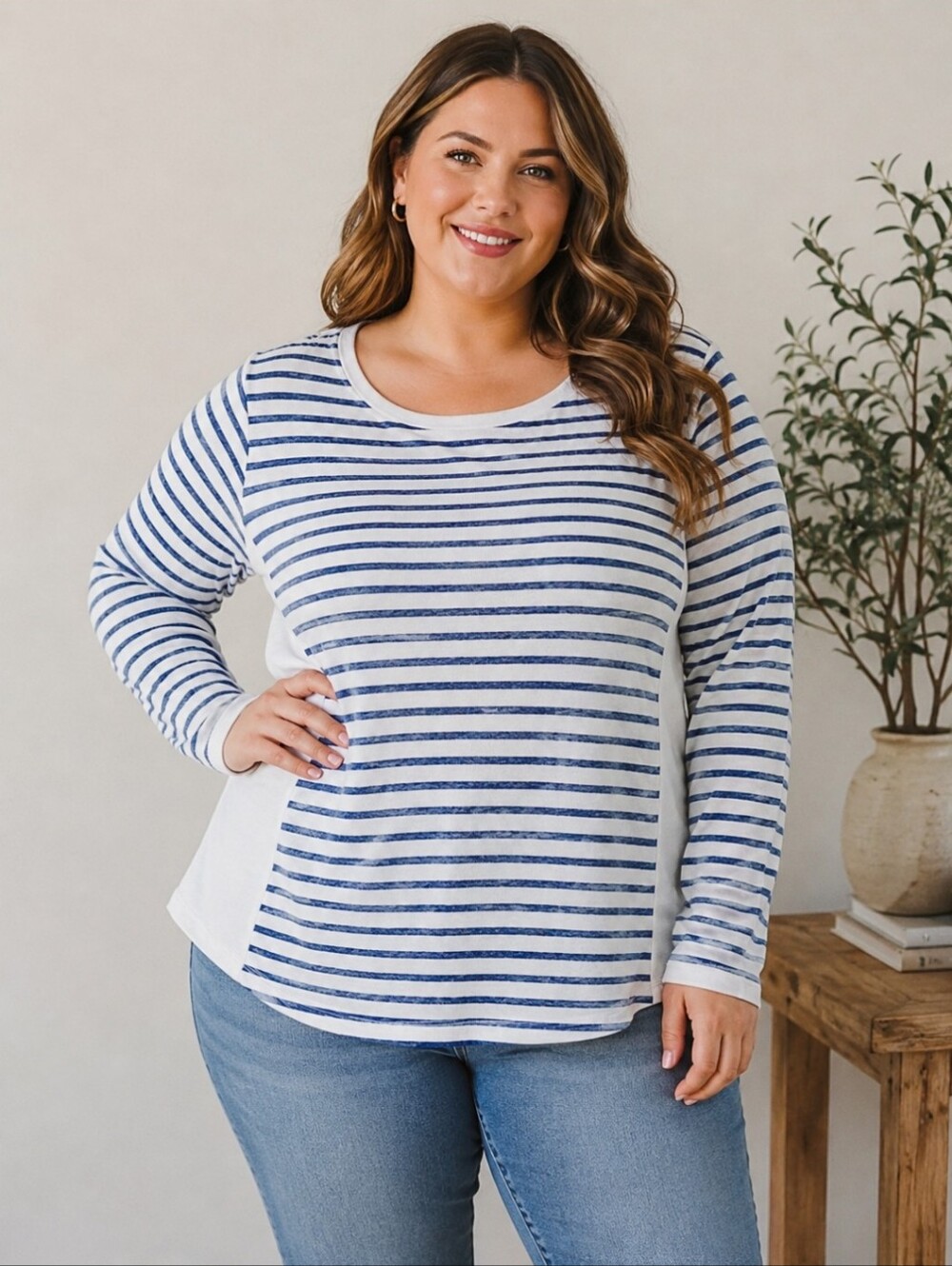 5x$25 Per Se Sports Plus size stripes  blue off white sweater top 2x